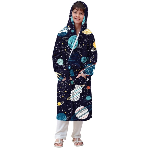 Kids Fleece Robe, Hooded Bathrobe for Children, Soft Plush Dressing Gown for Girls, Unisex Warm Sleepwear Pajamas for Home, Travel, Lounging After Bath