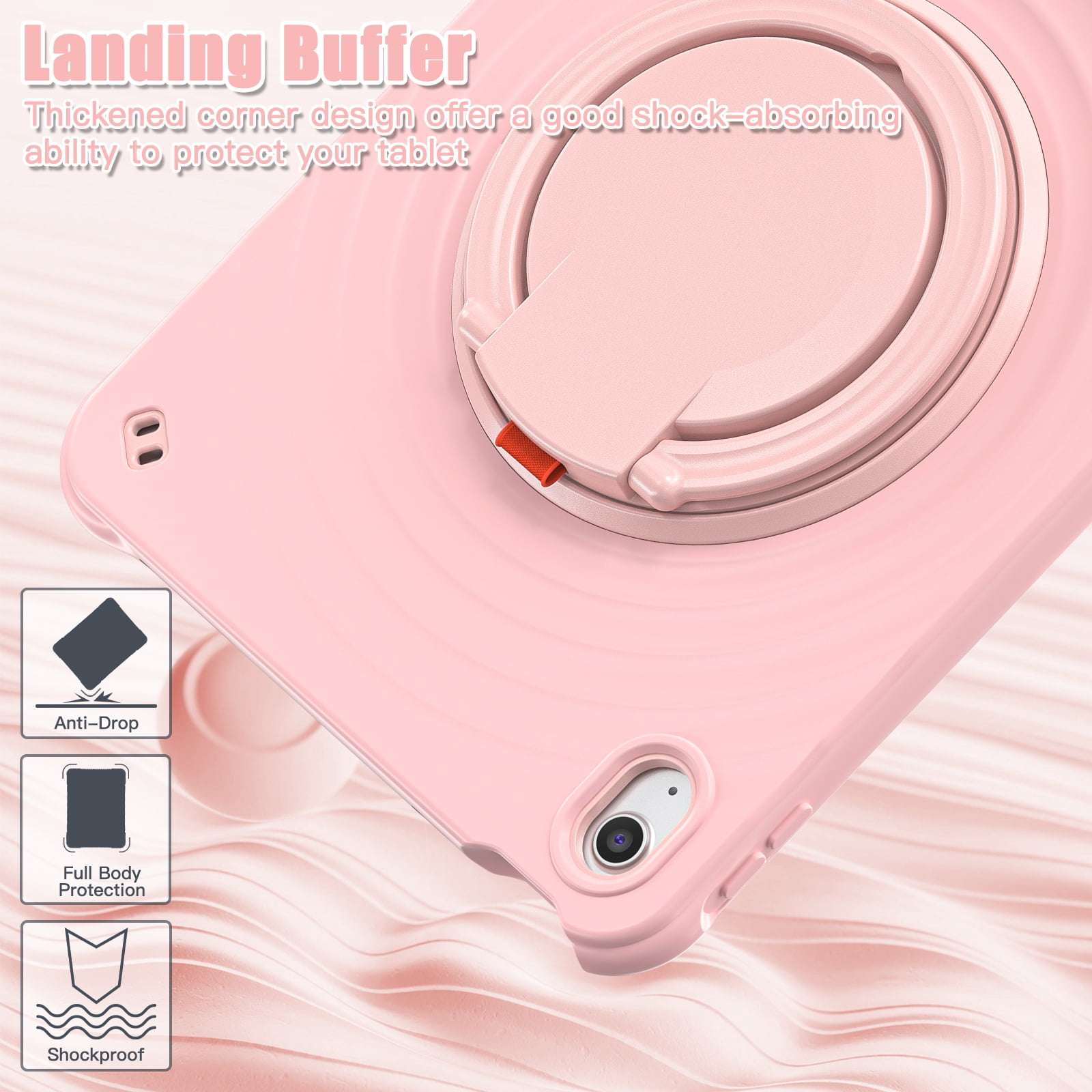 ELEHOLD Case for Apple iPad 10th Gen, Portable Hybrid Shockproof iPad Case with Pencil Holder & Hanging Ring Handle Rotatable Kickstand,Pink