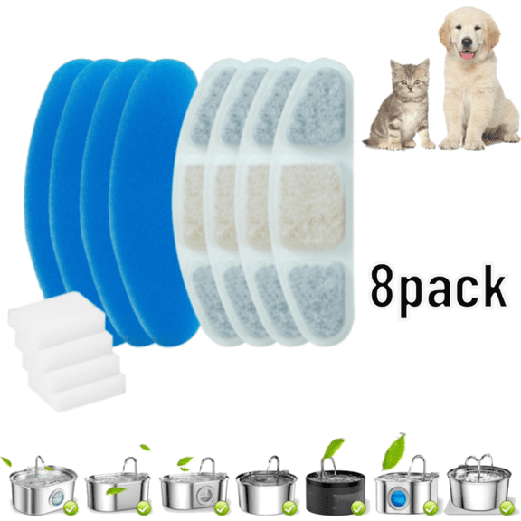 8 Pack Cat Water Fountain Filter Set, Triple Filter System for 3L Stainless Steel 2 in 1 Cat Fountain