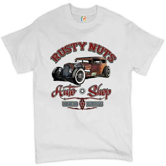 Tee Hunt Rusty Nuts Auto Shop T-shirt Hot Rod Rat Rod Vintage Old School Men's Tee, White, 4X-Large