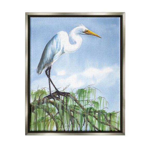 Egret Bird Balancing Branch Animals & Insects Painting Luster Gray Framed Art Print Wall Art