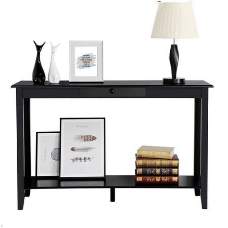 2-Tier Wood Hall Console Table with Drawer and Bottom Shelf 55Lb Capacity Black