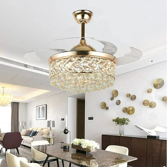AFANQI 42" Luxury Crystal Ceiling Fan with Light Retractable Blades Remote LED Chandelier with Fan,3 Speeds 3 Color Fandeliers Decorative Gold Finish