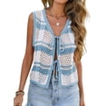 thumbnail image 3 of Women'S Sleeveless Striped Sweater Vest V Neck Tie Front Crochet Knit Tank Tops Blue L, 3 of 8