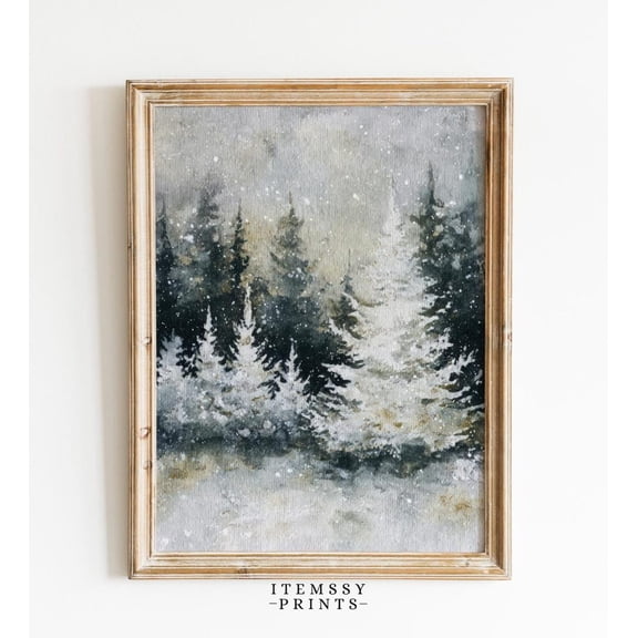 Snowy Winter Forest Pine Trees Art Poster, Peaceful Snow Scene Wall Decor, Evergreen Winter Landscape, Nature Home Art, 8x12 UNFRAMED