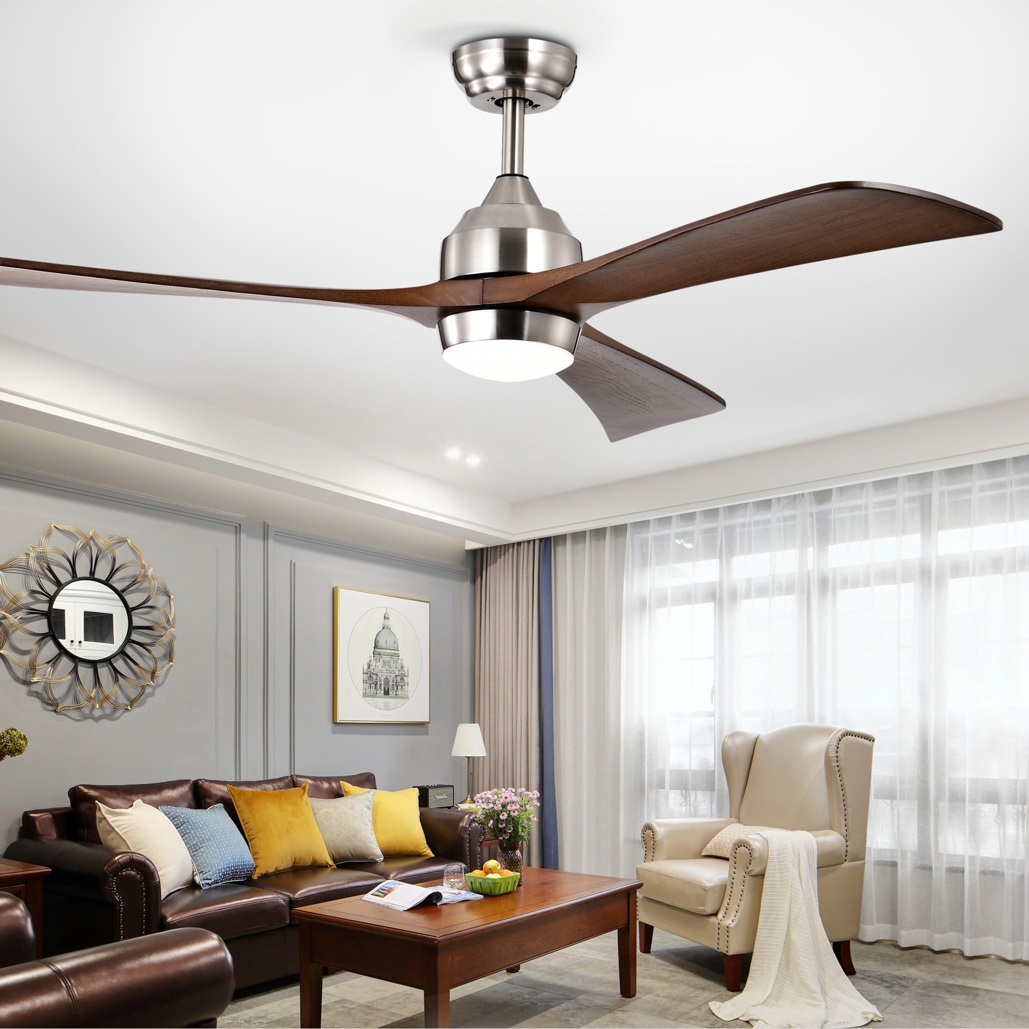 BOFANG 52" Ultra Quiet Ceiling Fan for Bedroom & Living Room,Wood Blades, Remote Light,Nickel