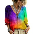 thumbnail image 2 of Womens Polka Dot Lace Up Blouses 3/4 Sleeve V Neck Peasant Top Abstract Geometric Print Drawstring Ruffle 3/4 Sleeve Summer Casual Flowy Tops, 2 of 5