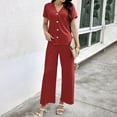 thumbnail image 2 of Women's Ribbed Sets Short Sleeve 4 Buttons T-Shirts with Capri Wide Leg Pants Casual Loose Summer Solid Trendy 2 Piece Outfits Red,L, 2 of 7
