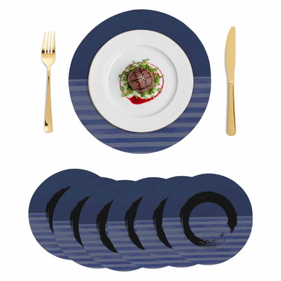 Navy Blue Striped Round 15 Inch Placemats Set of 6, Black Geometric Vintage Stripes Ombre HeatResistant Non Slip Place Mats for Dining Table, Wipeable Braided Kitchen Table Mats for Housewarming