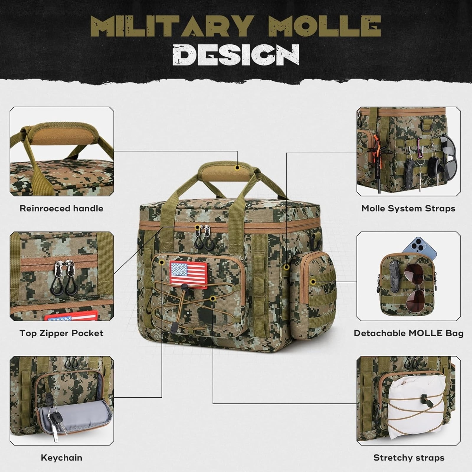 Tactical Lunch Box for Men with 5 Slim Ice Packs, 15L Insulated Cooler Bag with MOLLE Pouch