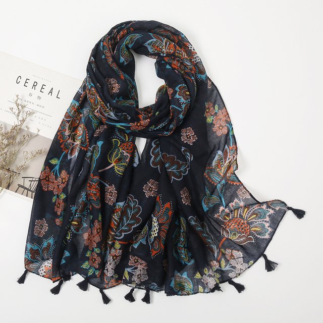 Bufanda de lino y algodón fresca de estilo artístico con costura vintage, bufanda bohemia con estampado de anacardos, hermoso chal