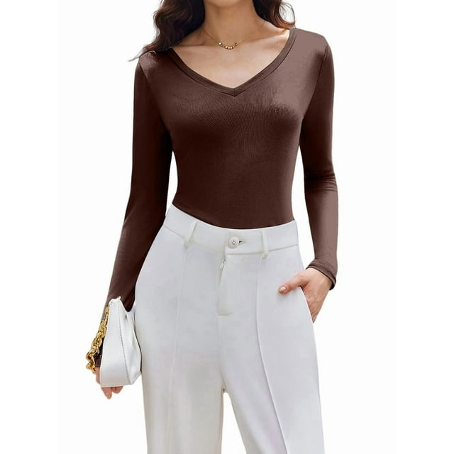Womens Long Sleeve V Neck Ribbed Knit Fitted Casual Tops Tee Slim Basic Shirt Brown S