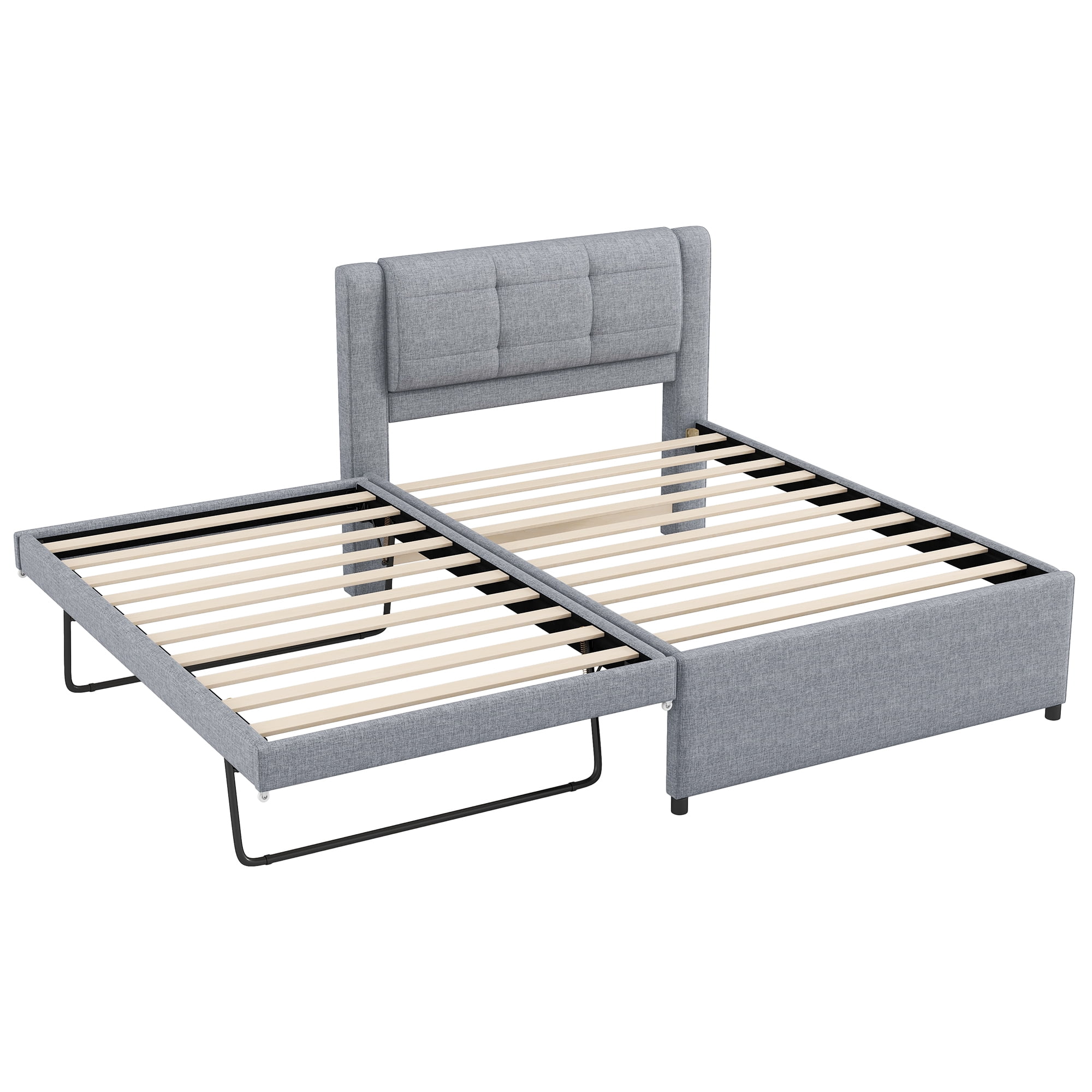 Euroco Upholstered Twin Platform Bed with Pop-up Twin Trundle for Bedroom, 2 Beds in One, Gray