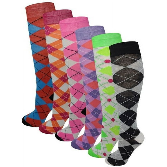 6 Pairs Fancy Argyle Novelty Knee-High Socks For Women