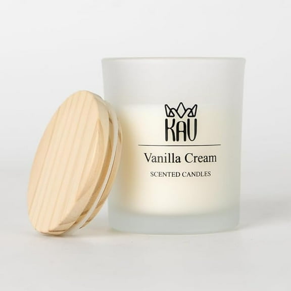 KAV 3 Ounce Vanilla Cream - Sweet Vanilla Coffee Scented Candles with Wooden Lid, Smoked Glass Jar