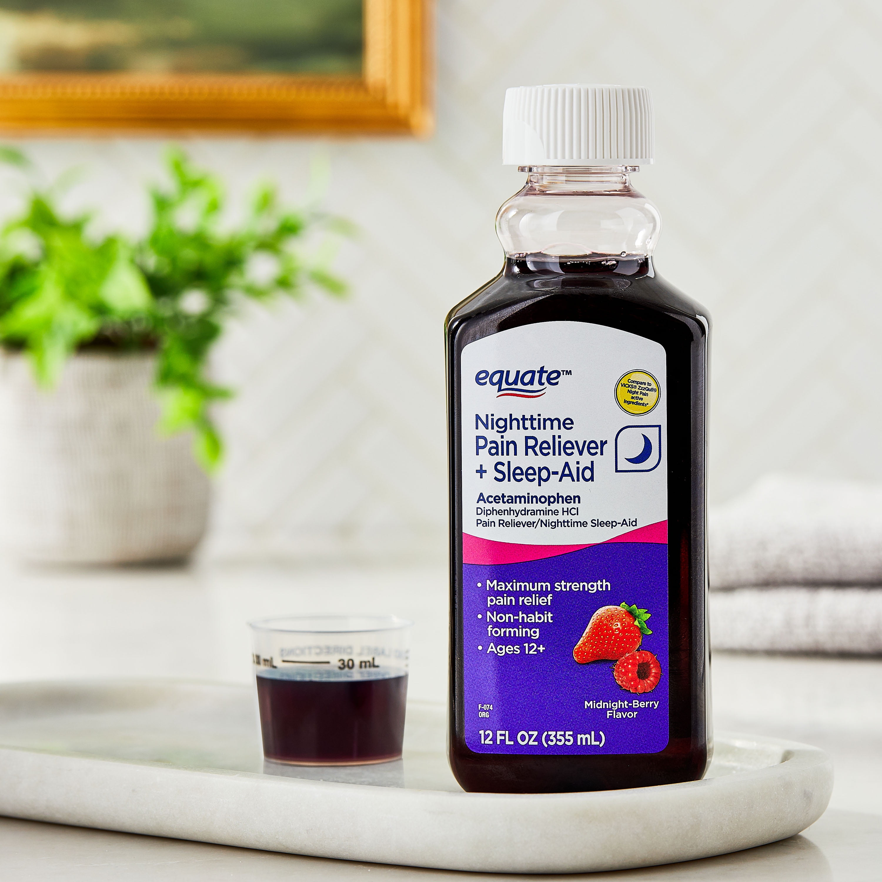 Equate Alcohol-Free Nighttime Pain Reliever+Sleep-Aid Liquid, Acetaminophen 1000mg Diphenhydramine 50 mg, Midnight Berry Flavor, 12 fl oz