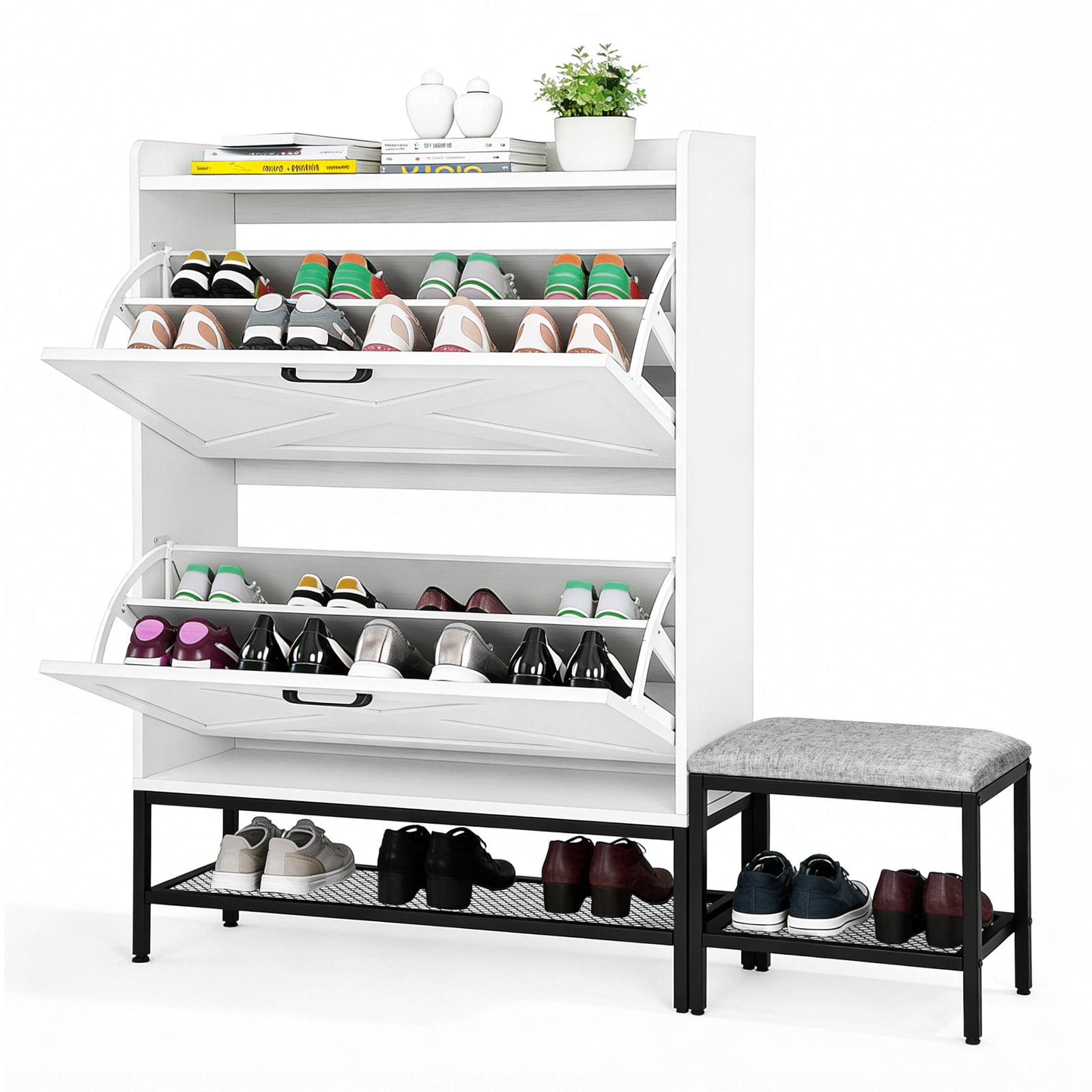 Ktaxon Farmhouse Shoe Cabinet w/ Bench, Entryway Shoe Storage Cabinet Shoe Rack Organizer for Hallway Bedroom Closet Living Room Home Apartment, White