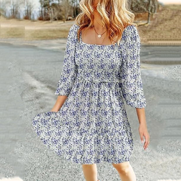 WILLBEST Vestidos de Dama para Mujer, Vestidos de Primavera y Verano, Estilo Bohemio, con Flores, Cuello Cuadrado, Fruncido, Manga 3/4, Informal, Corte A, Minivestido con Vuelo Extra Grande