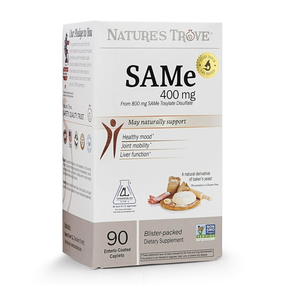 SAM-e 400mg - 90 Enteric Coated Caplets - Non-GMO Project Verified - Cold Form Blister Packed - Vegan - Kosher - Gluten Free - Soy Free - Natures Trove