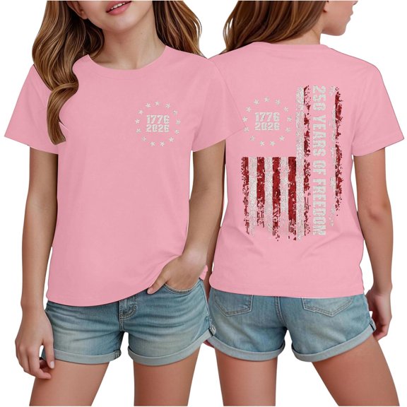 T-Shirts for Girls Ages 4-12 USA 250th Anniversary Day Short Sleeve Round Neck Summer Casual Tops Pink 140