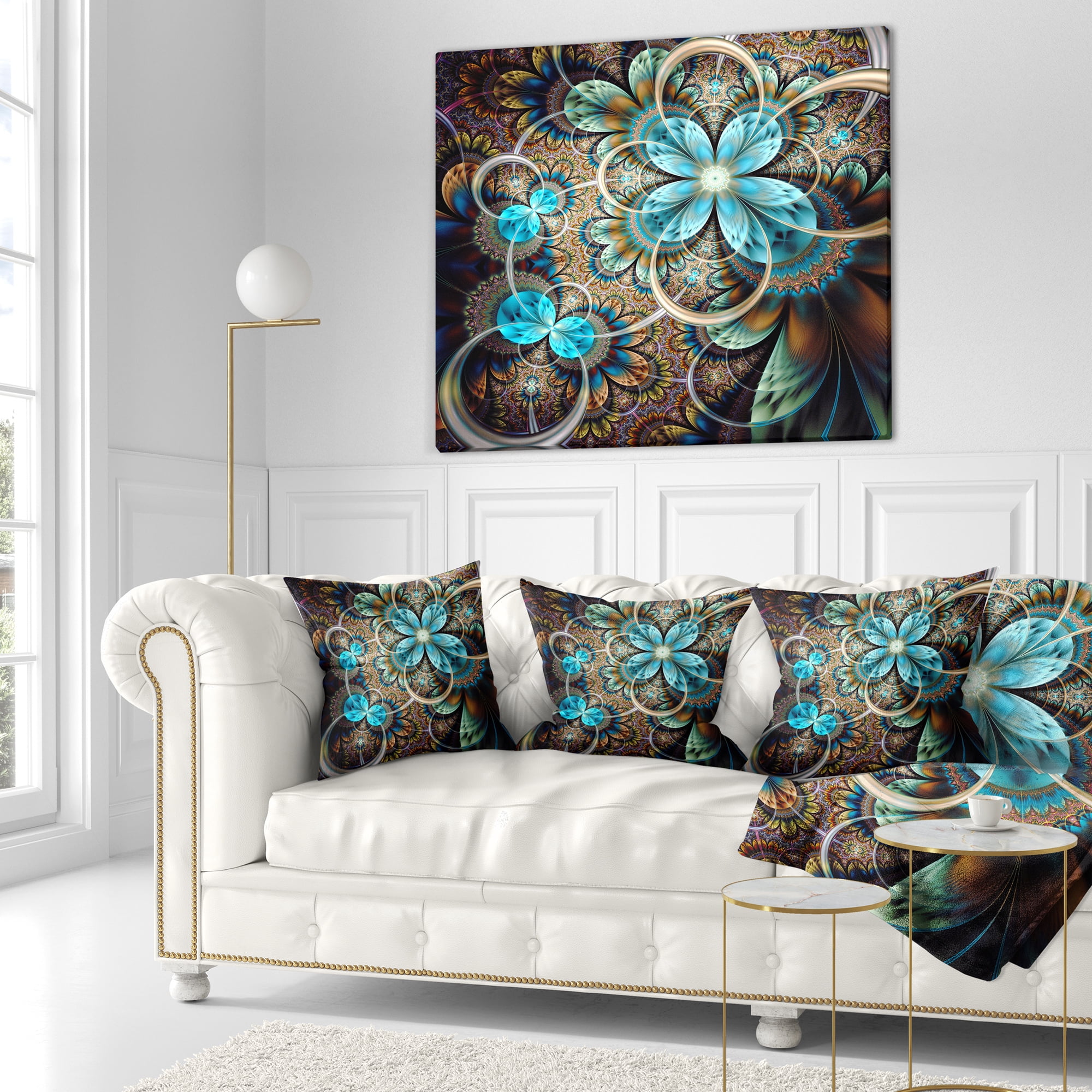 Designart Colorful Fractal Flowers with Blue Shade - Abstract Throw Pillow - 18x18