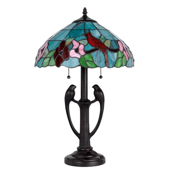 22" Bronze Two Light Tiffany Table Lamp With Aqua and Red Floral Shade