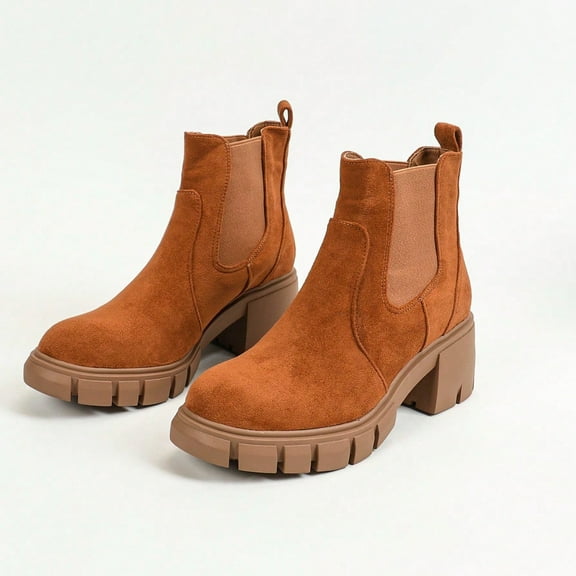 Women Platform Ankle Boots Elastic Chelsea Hunky Block Heels Boots Mid Heel Slip On Round Toe Booties