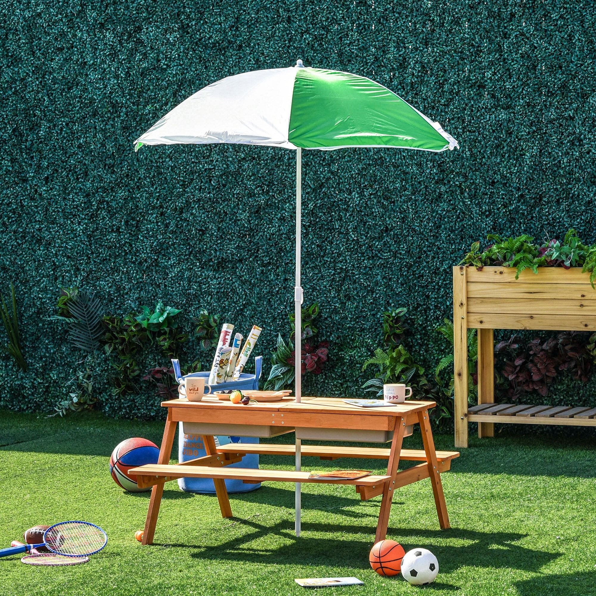 Kids Outdoor Toys, Kids Picnic Table with Umbrella and Storage Inside, Sand and Water Table, Kids Outdoor Furniture, Wooden Bench Backyard Furniture for Garden, Patio, or Balcony