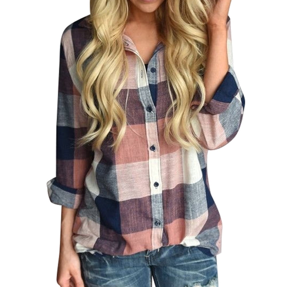Womens Cold Shoulder Long Sleeve Flannel Plaid Button Down Shirt Casual Blouse Tops 