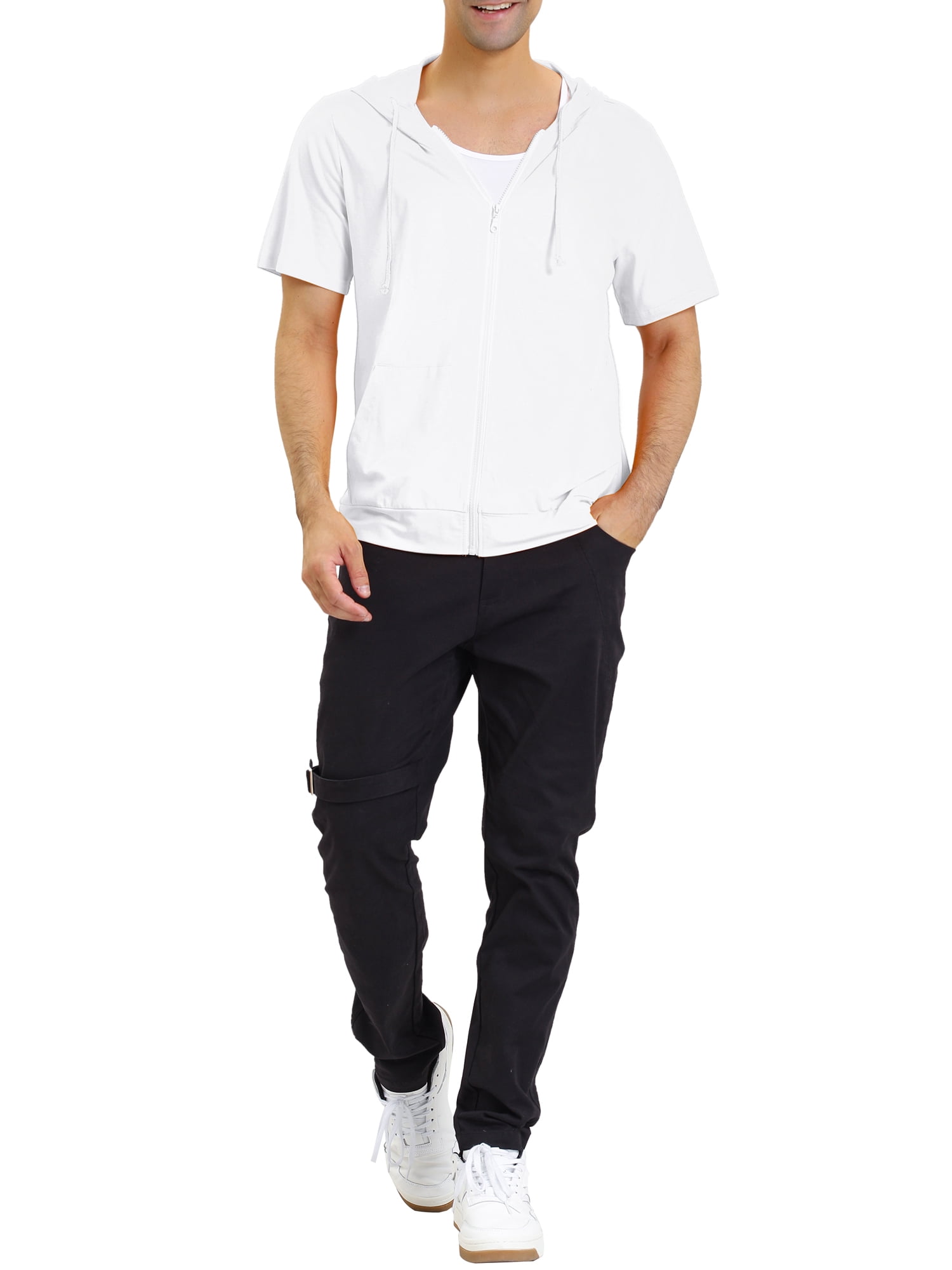 Unique Bargains Men's Short Sleeve Solid Color Zip Up Sport Hoodies L White