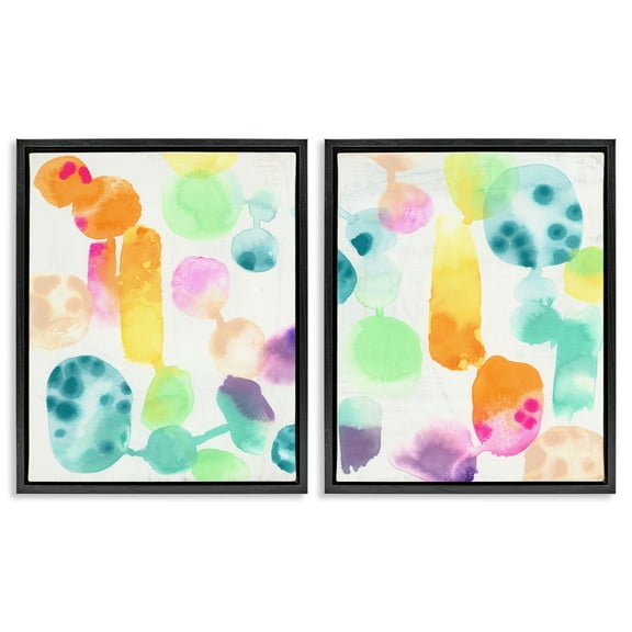 Stupell Industries Neon Colorful Abstract Shapes Abstract Painting Black Floater Framed Canvas Art Print Wall Art, 17 x 21, Set of 2
