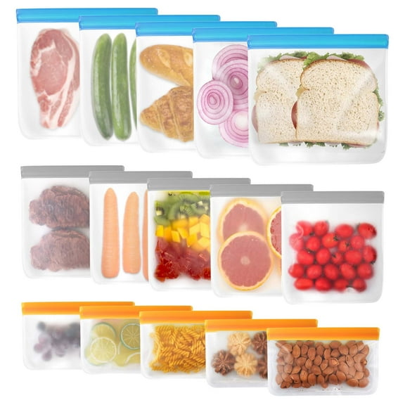 Lnrkai 15 Pack Reusable Freezer Bags - Leak Proof Food Storage Bags, Gallon & Sandwich Size