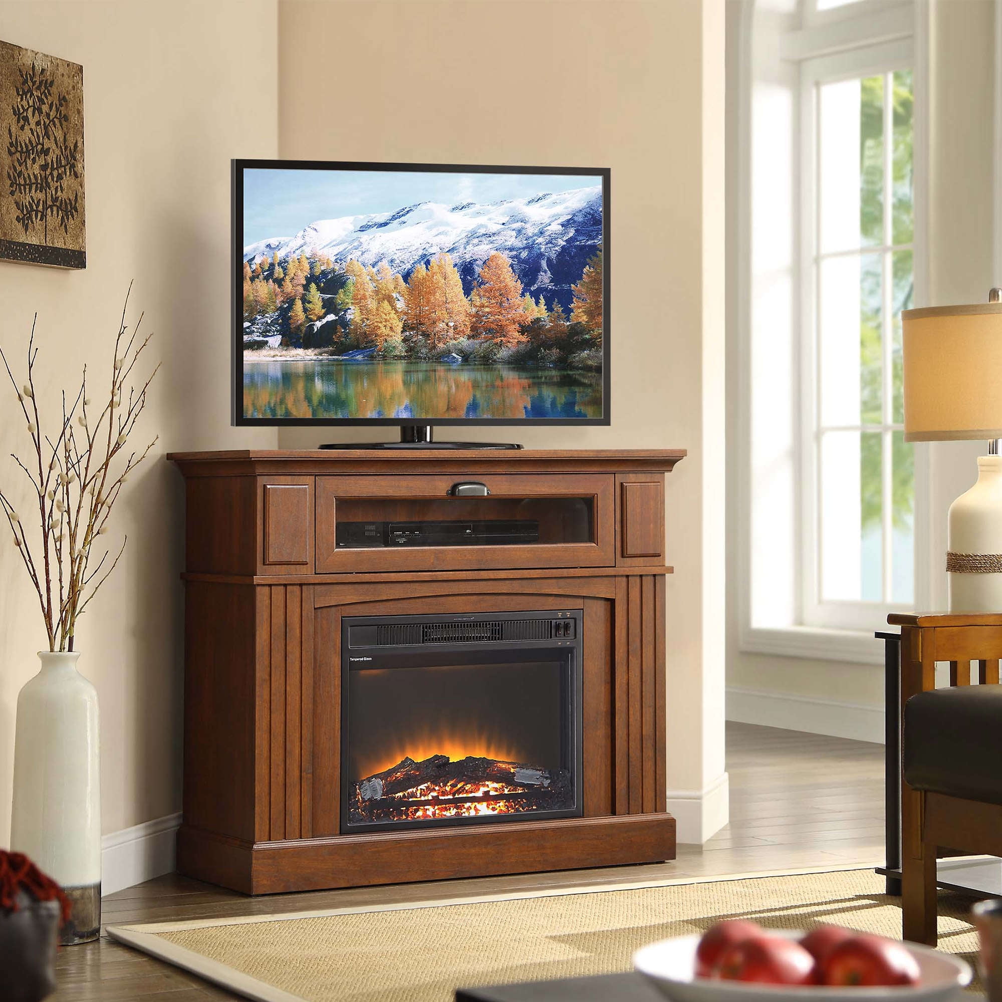 Corner Electric Fireplace TV Stand Brown Hold Most 45 Inch ...