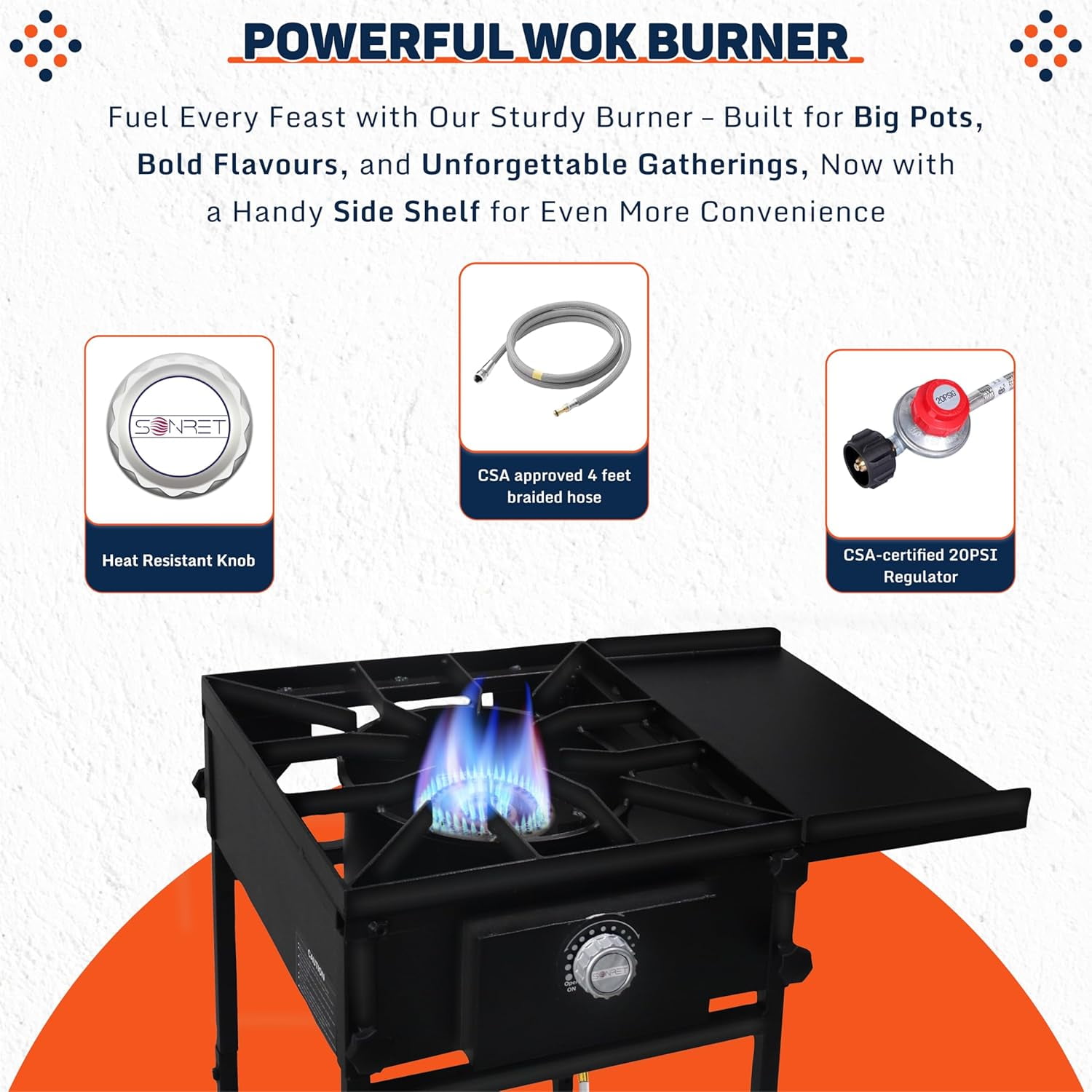 SONRET - Single Burner Propane Stove - 1,30,000 BTU - with Side Shelf , Regulator & Hose
