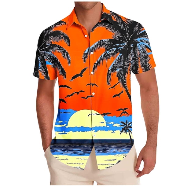 Mens Casual Manga Corta Botón Abajo Camisas Impresas Botón de Bolsillo Turndown Collar Blusa para Verano Al Aire Libre Casual Diario