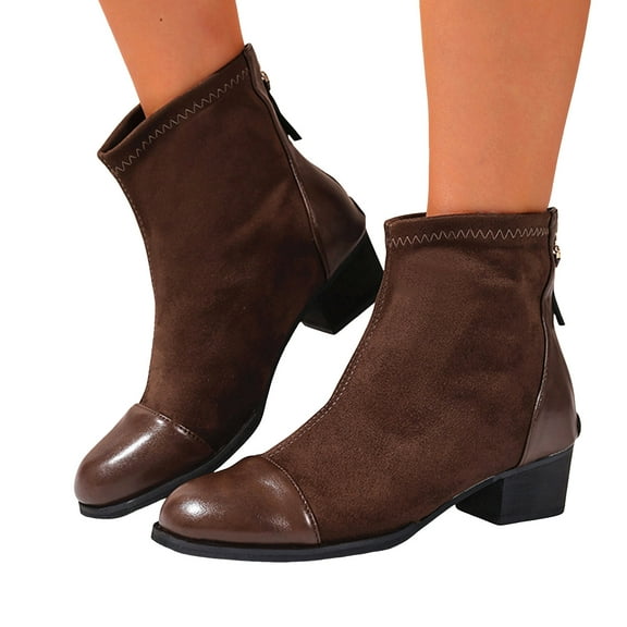Vintage Suede Splicing Ankle Booties for Women Wide Wide Comfortable Fall Winter Boots Slip On Chunky Low Heel Dress Shoes Brown Size 6.5