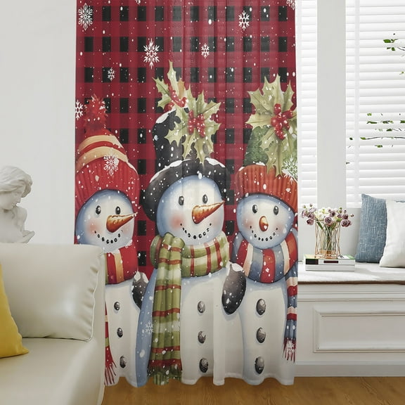 Christmas Semi Sheer Curtains Drapes for Living Room,Bedroom,French Doors Window 63 Inches Long,Xmas Berry Winer Snowflake Snowman Red Black Plaid Rod Pocket Chiffon Curtain Drapery Voile Panel