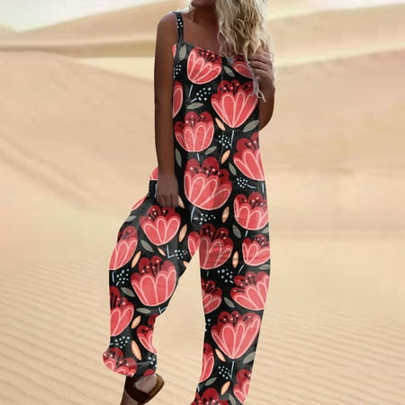 

QWANG Red Summer Sweet Beach Jumpsuits For Women 2023 Fashion Loose Casual Print Overalls Strappy Button Long Pant Rompers