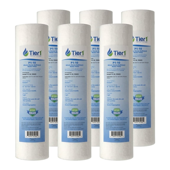 Tier1 1 Micron 10 Inch x 2.5 Inch | 6-Pack Spun Wound Polypropylene Whole House Sediment Water Filter Replacement Cartridge | Compatible with Pentek P1, PX01-9-78, SDC-25-1001, Home Water Filter