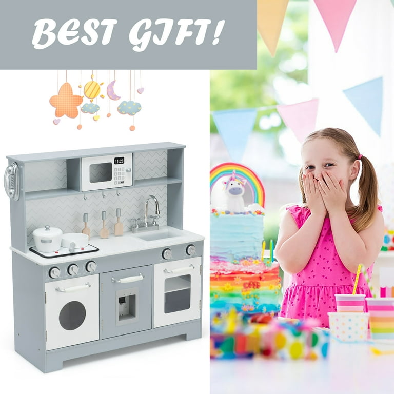 Costway Pretend Play Kitchen Wooden Toy Set for Kids w/ Realistic Light &  Sound
