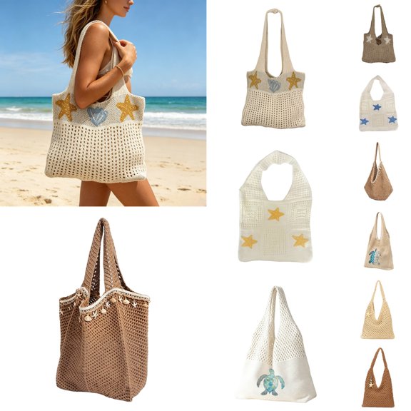 Luvior Women’s Summer Knitted Hollow Tote Bag – Chunky Lazy Style Open Weave Shoulder Bag, Starfish Pattern Beach Purse for Vacation Blue