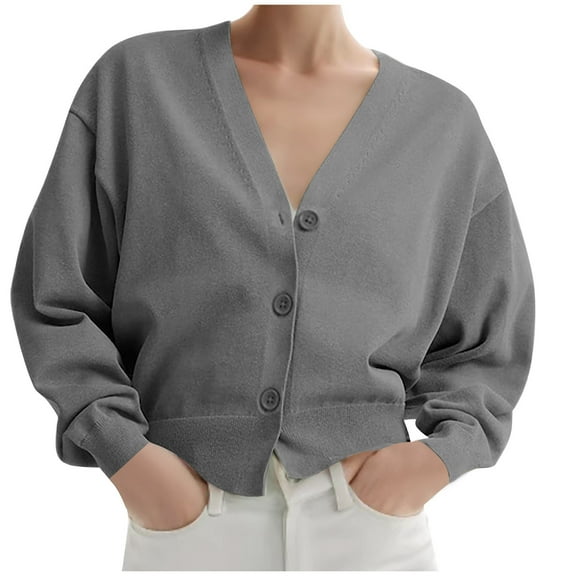 UYISJ Women's Cropped Cardigan V Neck Button Down Knitted Sweater Long Lantern Sleeve Coats Casual Solid Color Outerwear Gray M