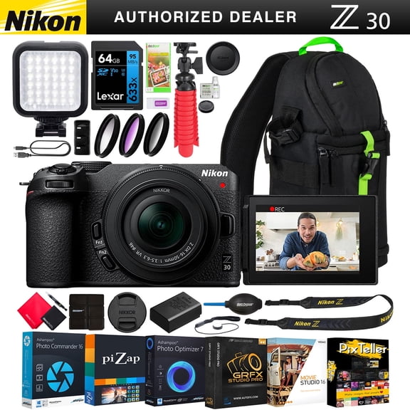 Nikon Z30 Mirrorless Camera Body 4K UHD with NIKKOR Z DX 16-50mm F3.5-6.3 VR Lens Bundle 1749 w/ Deco Gear Backpack, LED, Filter Kit, Tripod, 64GB, Software & Accessories | Official Nikon USA Dealer