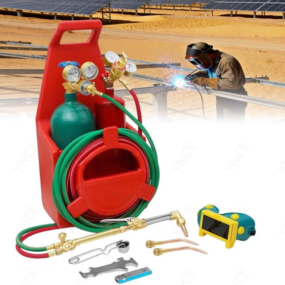 Ynce Welding Brazing Cutting Torch Kit with Oxygen Acetylene Tanks, Professional Portable Tote Oxygen Acetylene Oxy Long Pipe Brass Nozzle Welding Torch Kit with Gauge