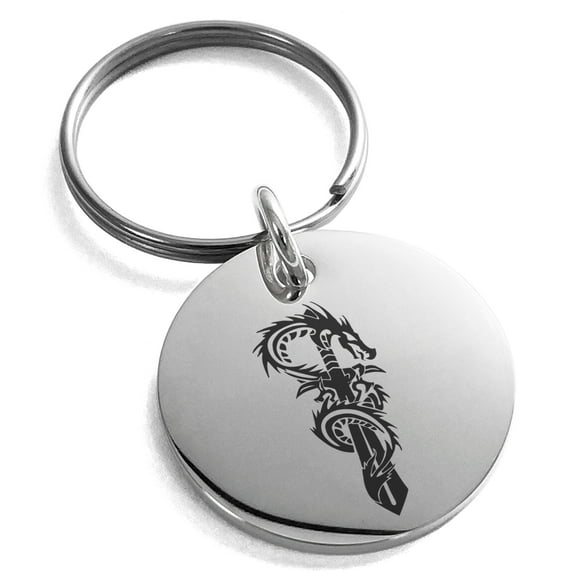 Stainless Steel Exalted Dragon Blade Engraved Small Medallion Circle Charm Keychain Keyring