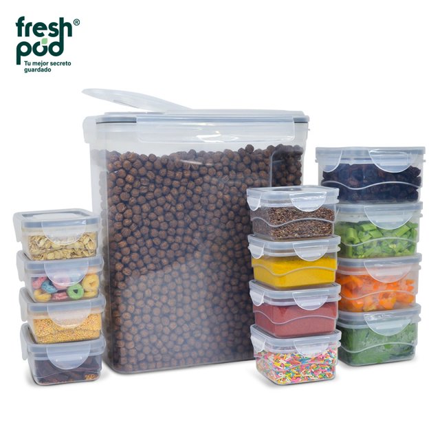 Recipientes de Plástico Herméticos Freshpod Set 26 pzas aplilables, con cerraduras de cierre laterales y súper sello de silicona.
