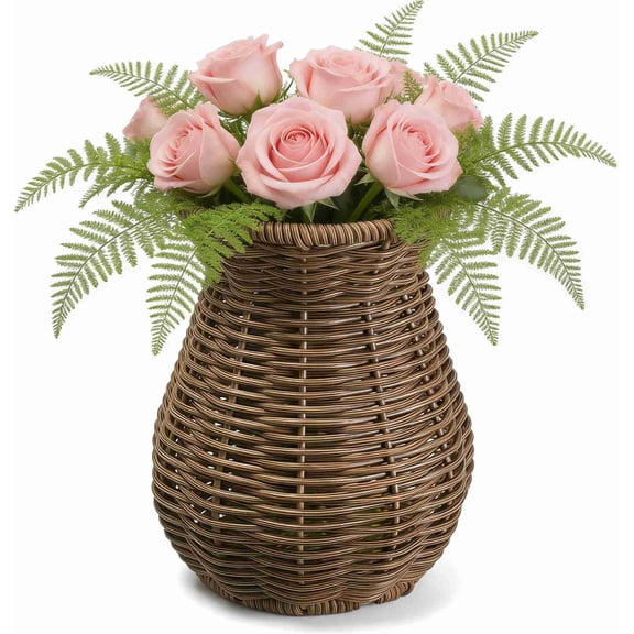 Rattan Vase for Flowers, Rustic Woven Wicker Vase for Boho Home Decor, Imitation Rattan Flower Basket, Farmhouse Desktop Centerpiece for Pampas Grass, Dried Floral Arrangement(Dark Brown)
