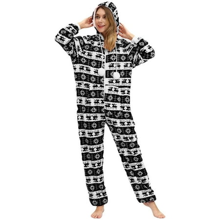 

Women Christmas Onesie One-Piece Pajamas Pompom Hooded PJs Ziper Xmas Elk Pattern Jumpsuit Loungewear Cozy Warm Overalls with Pockets S-2XL
