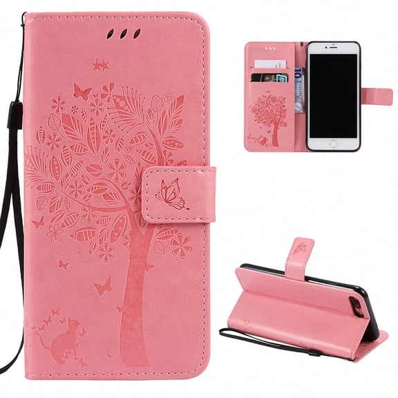 iPhone 8 Plus Wallet Case, iPhone 7 Plus Case, Allytech Embossed Cat & Tree Series, Slim PU Leather Full Protective Case Flip Stand Cover with Card Holder for iPhone 8 Plus & iPhone 7 Plus, Pink
