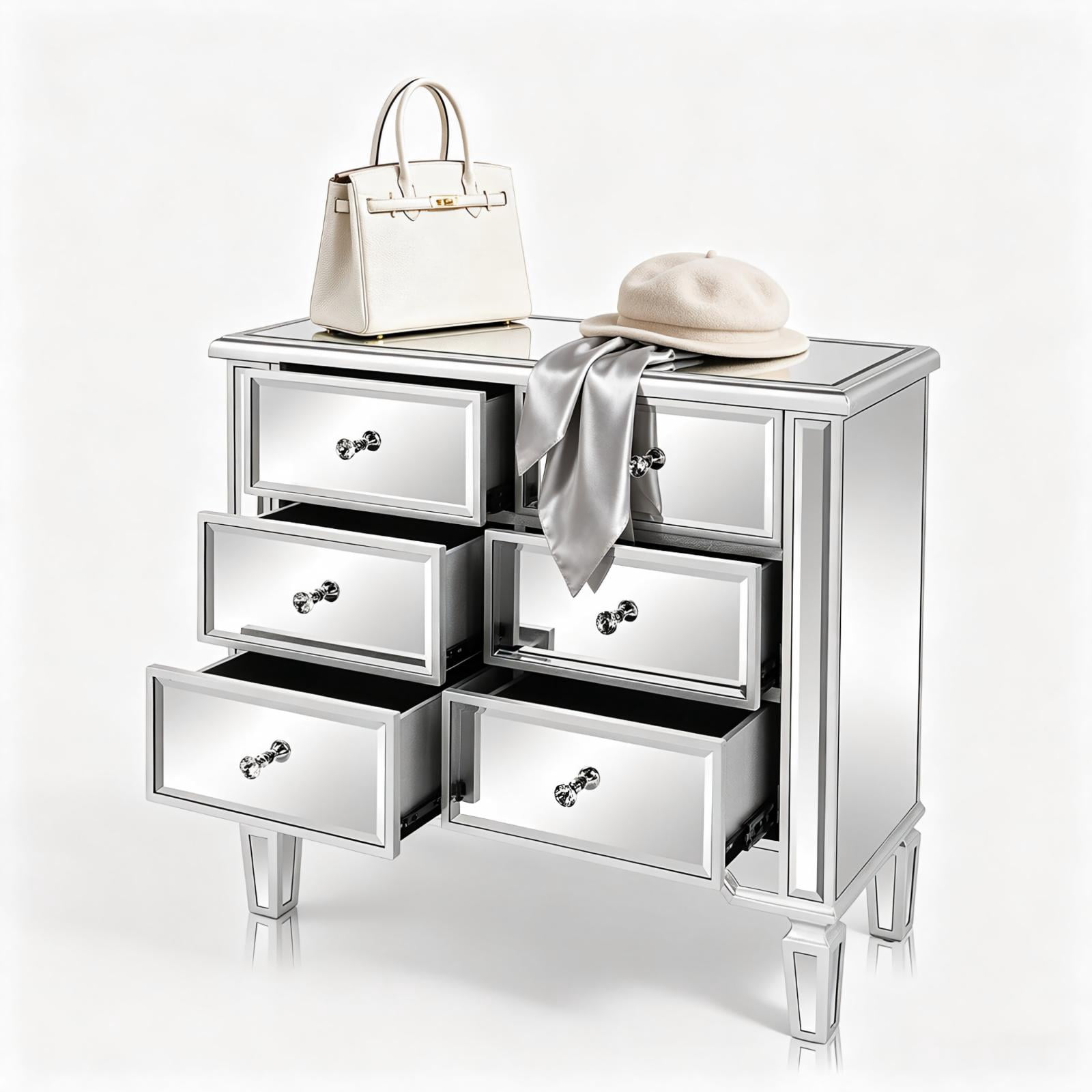 6-Drawer Mirrored Drawer Cabinet, MDF Storage Dresser with Mirror-Finish Drawer Fronts, Narrow Accent Chest for Bedroom, Dressing Room, Hallway or Vanity Area